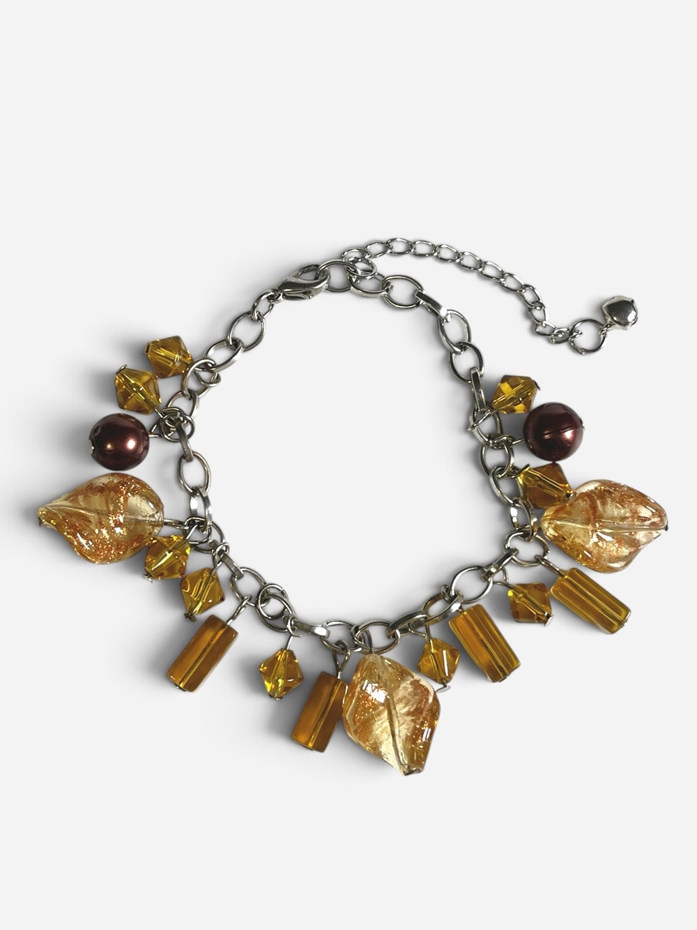 Amber Glass Charm Bracelet Silver Tone Chain 10โ Womens Jewelry